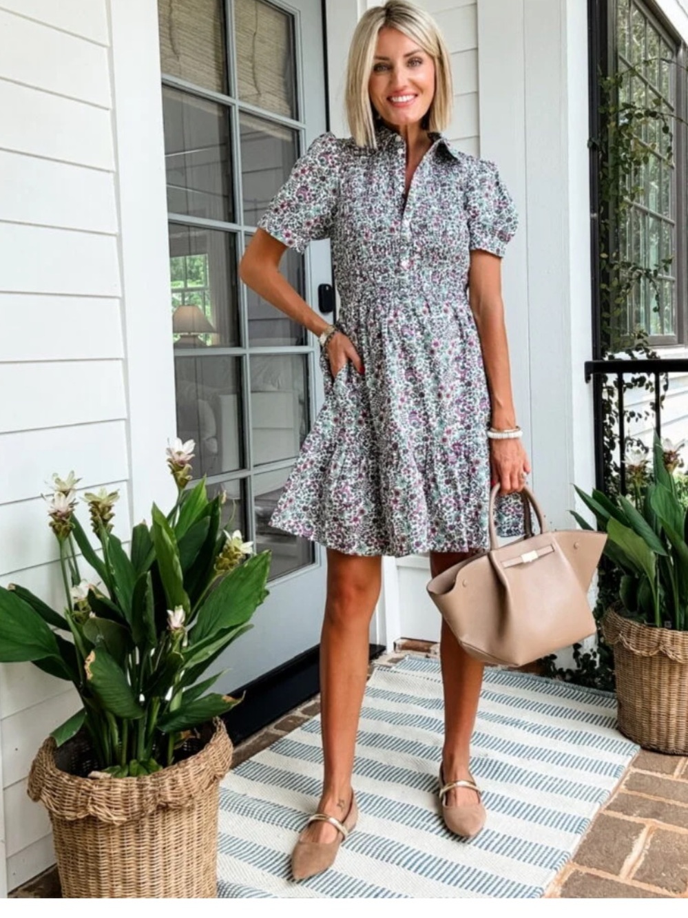 NEW J. Crew Factory Short-Sleeve Smocked Floral Green/Pink Shirt Dress - Picture 2 of 11
